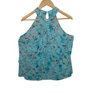 Worthington Womens XL Turquoise Blue Floral Halter Neck Twist Keyhole Blouse Top